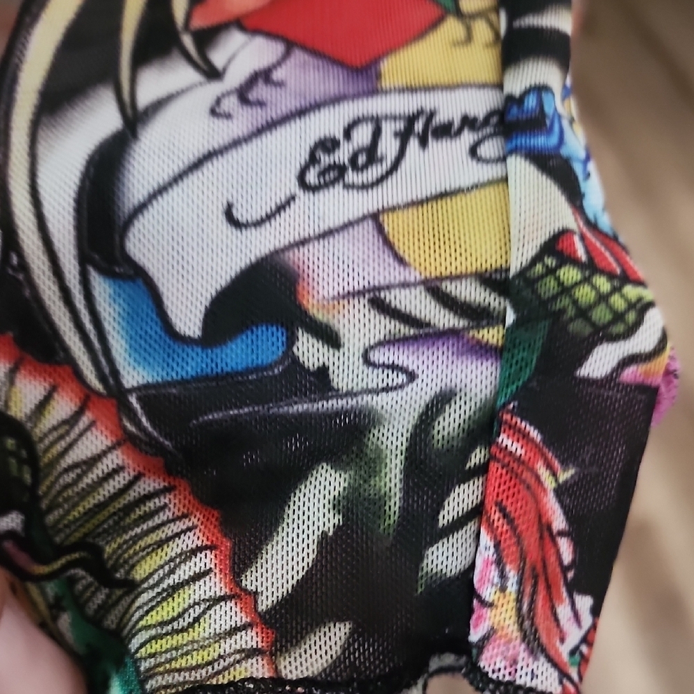 Ed Hardy Cropped Tattoo Graphic Long Sleeve Tee Y2K Navy XL - Picture 4 of 10
